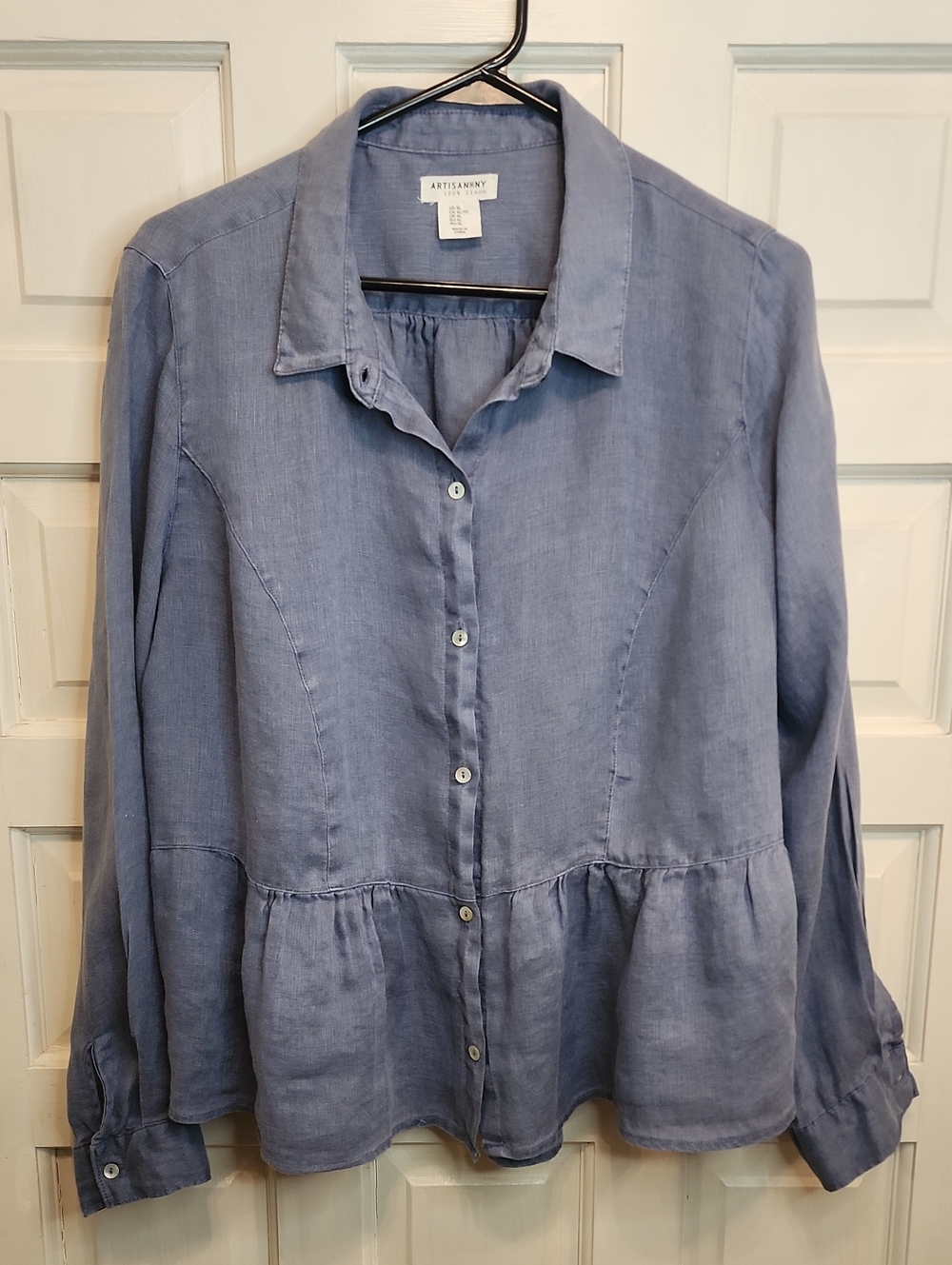 Artisan NY 100% Linen Button-Front Shirt Ruffled— Light Blue Long Sleeved